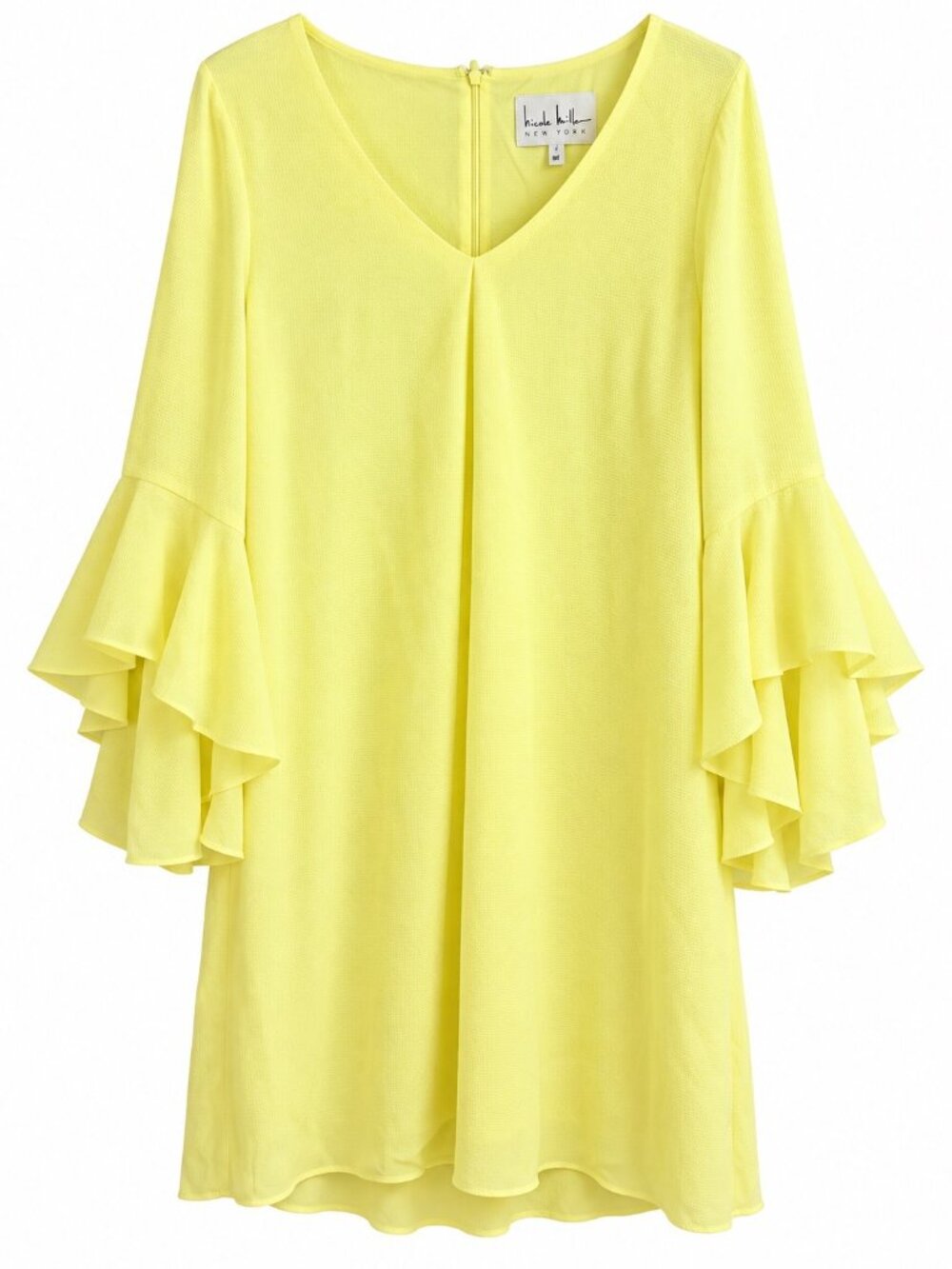 Nicole Miller Yellow Ruffle Bell Sleeve Shift Dress Size 8 Polyester Blend